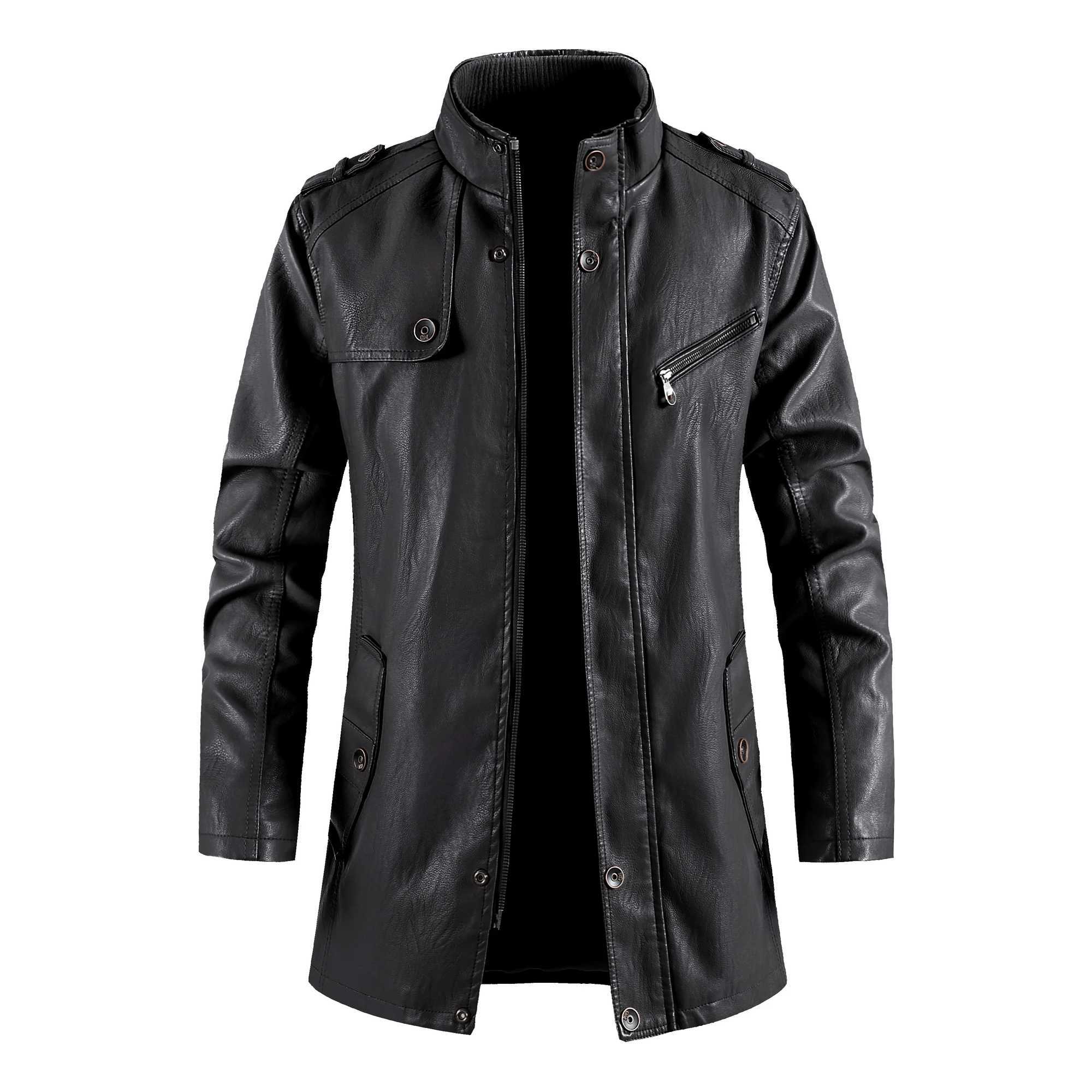 New Winter Long PU Leather Jackets Men Stand Collar Windbreaker Faux Outerwear Motorcycle Casual Warm Leather Coats Man ClothingX240913