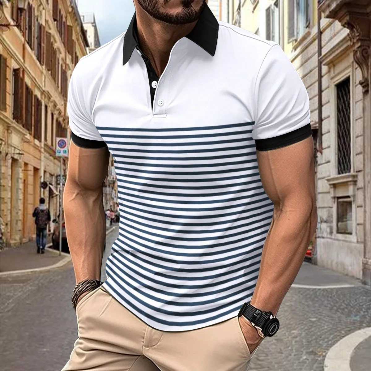 Mens polo shirt Spring and Autumn mens long sleeved lapel button pocket top sports polo shirt loose fit W240913