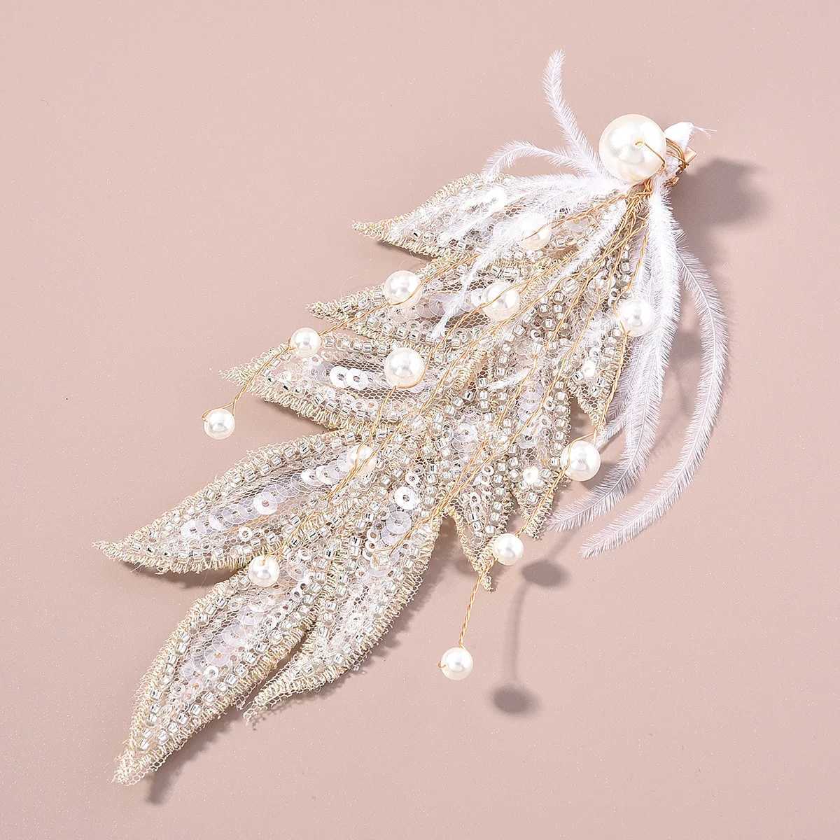 Feather Hair Clips Tiaras Bride Hair Jewelry For Women Crystal Pearl Hairpin 2022 New Fashion Barrettes Lady Wedding HeadpieceX240913