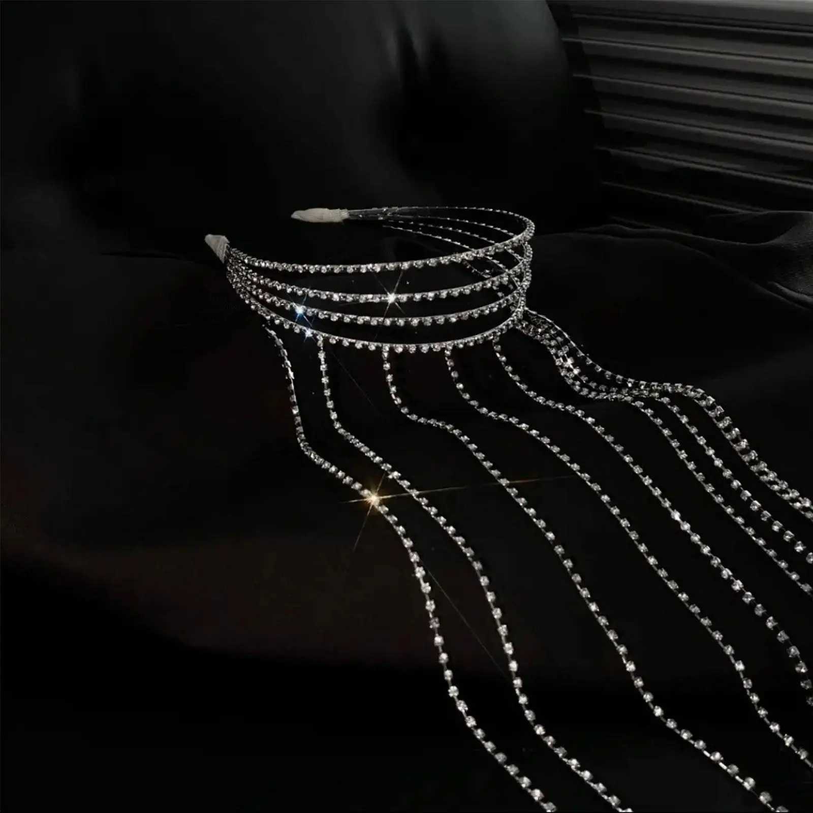 Full Rhinestone Long Tassel Headband For Women Multilayer Flashing Crystal Hairband Party Hair AccessoriesX240913