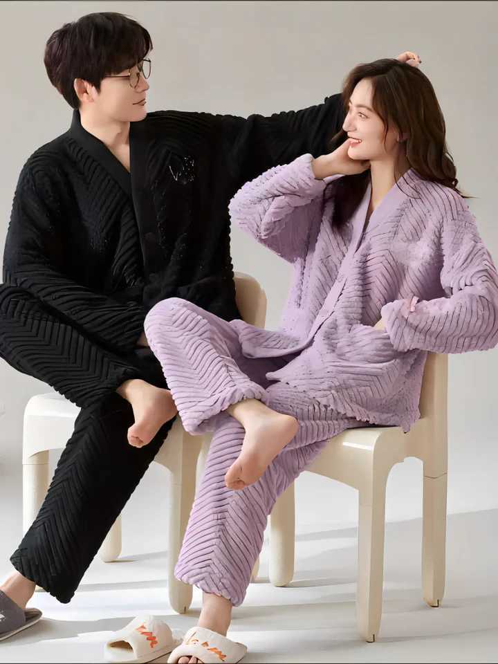 Couple Look Pijama Room Wear Winter Warm Sleepwear Big Size Pajamas Man Woman Set Korean Style Two Piece Nighty Dress Romantic Y240913