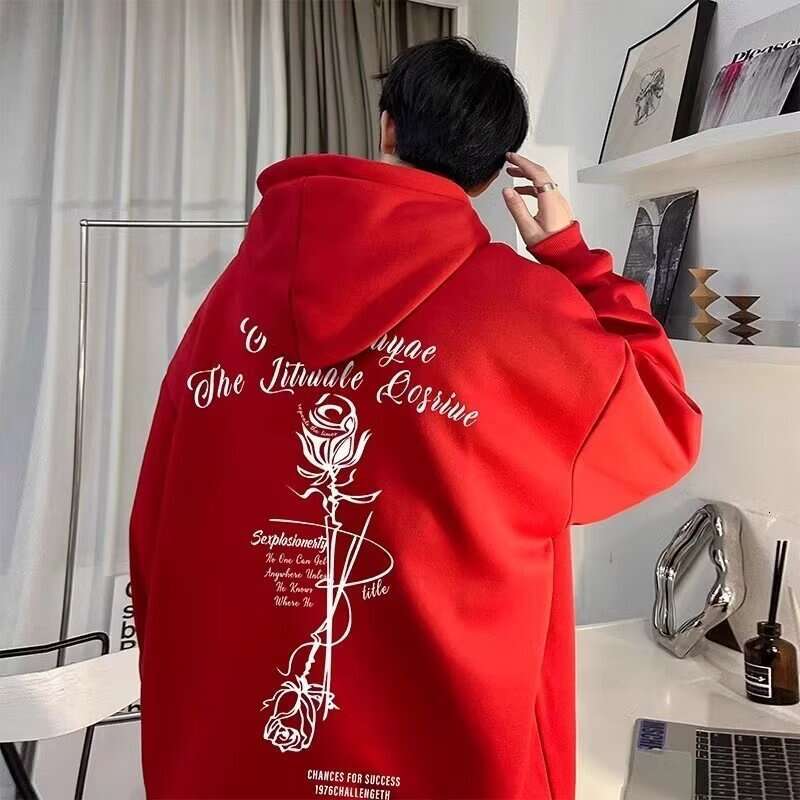 Rose Hooded Sweatshirt For Male Students, American Spring And Autumn Pullover Hoodie, Hoodie Trendy Brand, Loose And Versatile Hoodie Top, Trendy