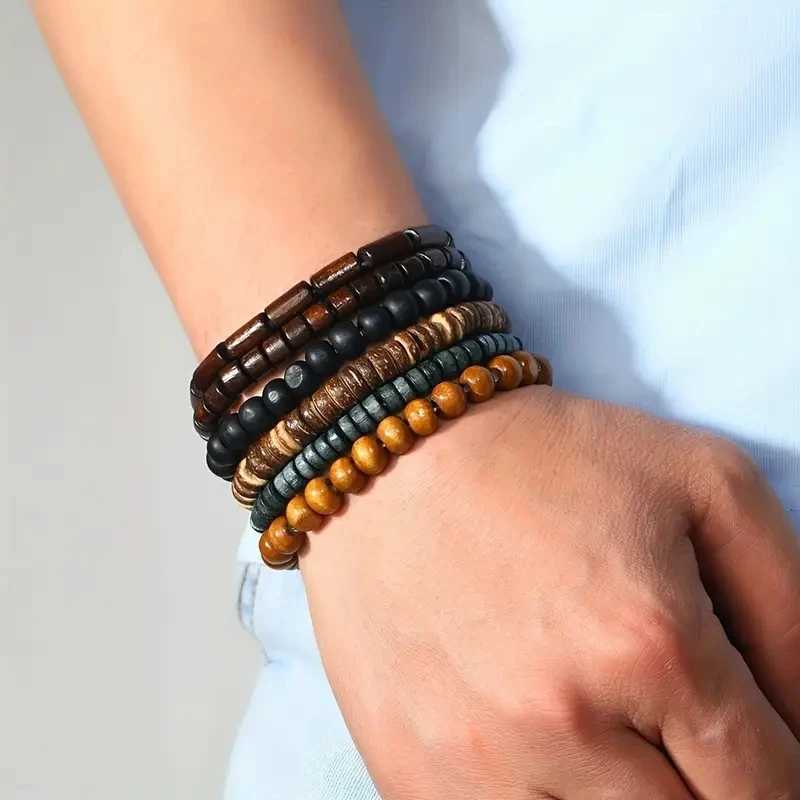 6-piece/set fashionable mens handmade bead bracelet retro style multi-layer elastic wooden bead coconut shell charm bracelet W240913