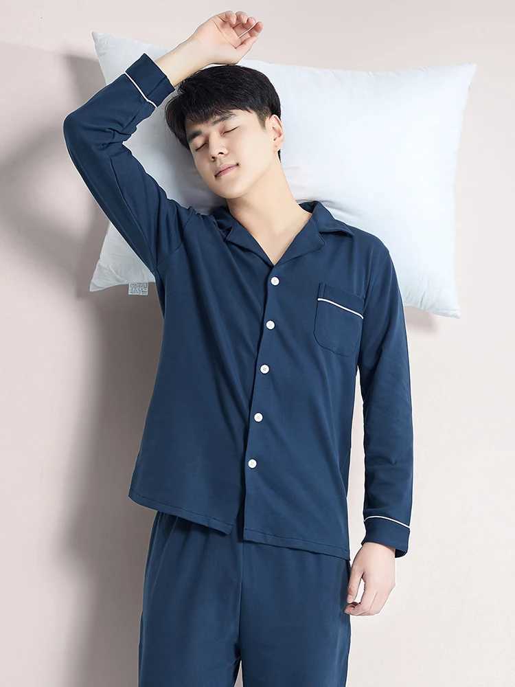 Blue Cotton Pajamas Winter Men Sleepwear Nightwear Full Sleeves PJ Pijama Hombre Home Clothes 2 Pieces Set Cotton Pyjama Homme Y240913