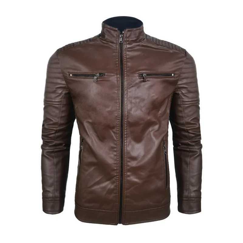 Stand Collar Motorcycle Leather Jacket Coat 2022 Autumn Winter New Mens Casual Fashion Trendy Mens Leather CoatX240913