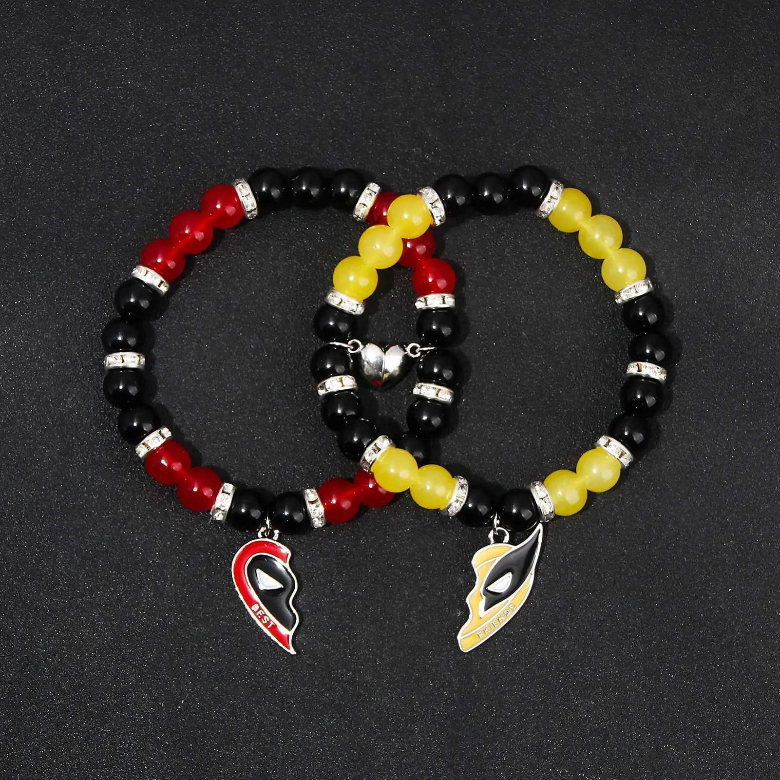 1 pair of Death Pool Wolverine Bracelets Best Friends Heart shaped Pendant Stone Bead Bracelet Friendship Jewelry Couple Bracelet W240913