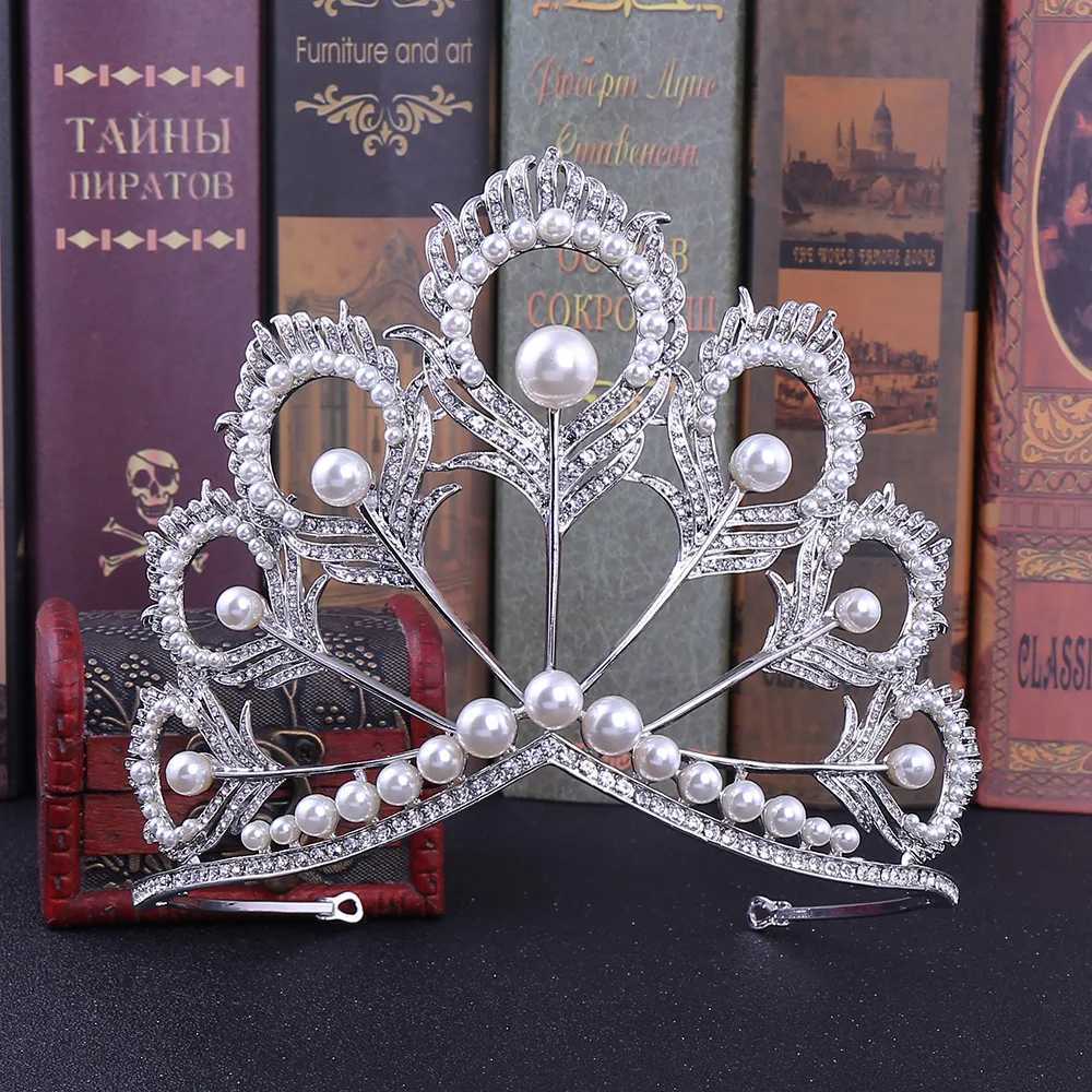 Luxury Miss Universe Crown Round Wedding Pearl Crown Peakcock Feather Tiara Rhinestone Pageant Prom Crowns CZ Coroa NoviaX240913