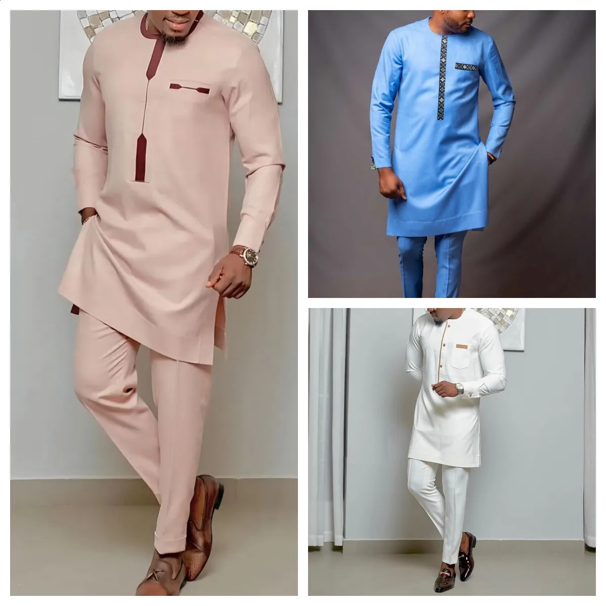 Kaftan Elegant African Mens Set 2 Pieces Outfits Long Sleeve Ethnic Tops and Pants Full Mens Suit Wedding Men Clothing 240911