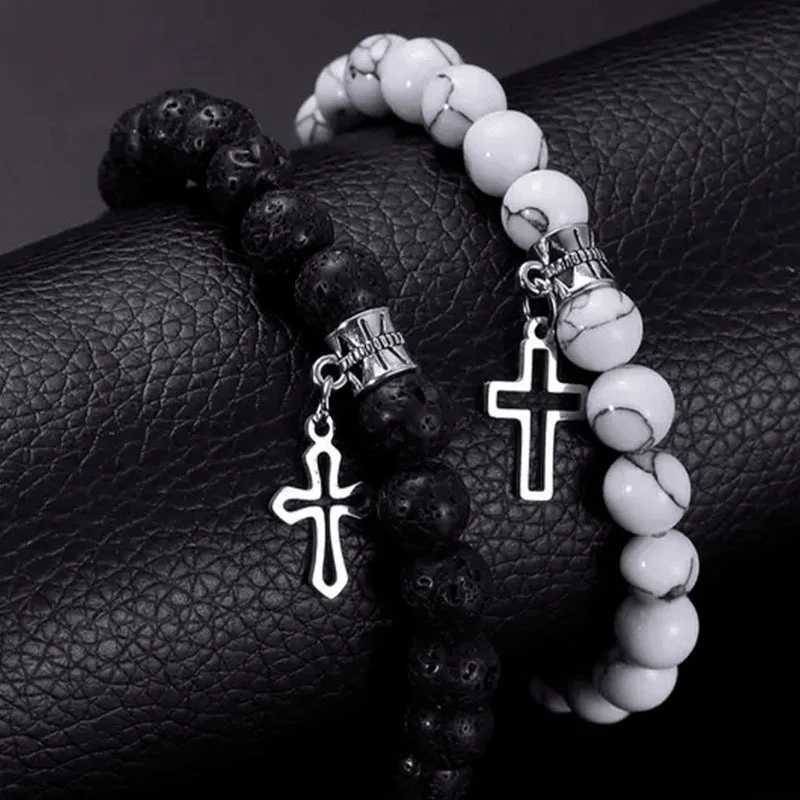 Niche Classic Design White Pine Matte Stone Magnet Love Gossip Cross Astronaut Bead Bracelet Two Piece Set W240913