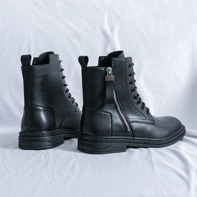 Mens 2024 High Top British Style Thick Bottom Motorcycle Leather Black Laced Denim Round Toe Side Zipper Punk Boots d8cb