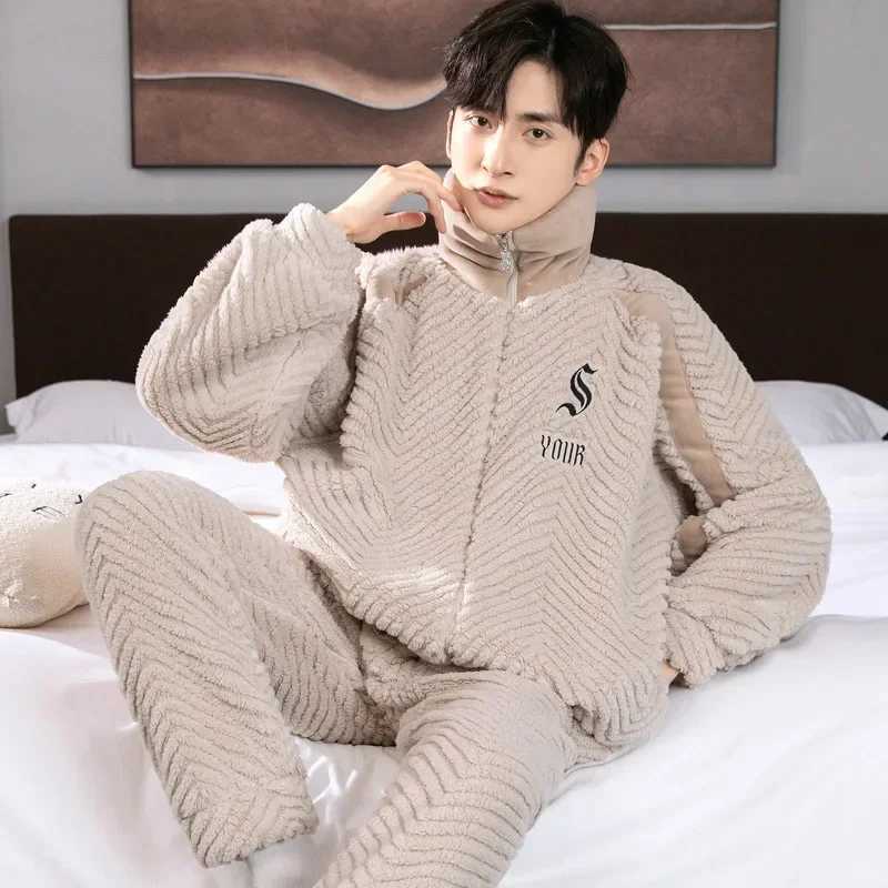 Letter Print Mens Zipper Pajama Sets Coral Fleece Winter Warm Pajamas Male Thick Homewear Stand Collar Thermal Flannel Sleepwear Y240913