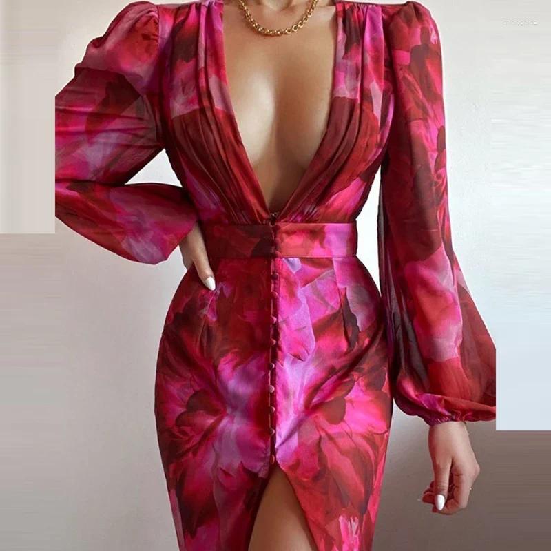 Casual Dresses Sexy Women Deep V-Neck Slit Party Dress Spring Summer Lantern Sleeve Slim Fit Bodycon Elegant Printed Evening