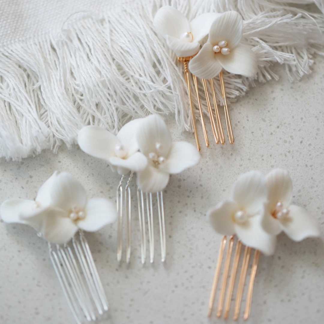 Simple Wedding Hair Combs White Ceramics Flower Designed Floral Pearls Headpieces Women Bridesmaids Party Hair Jewelry AccessoryX240913