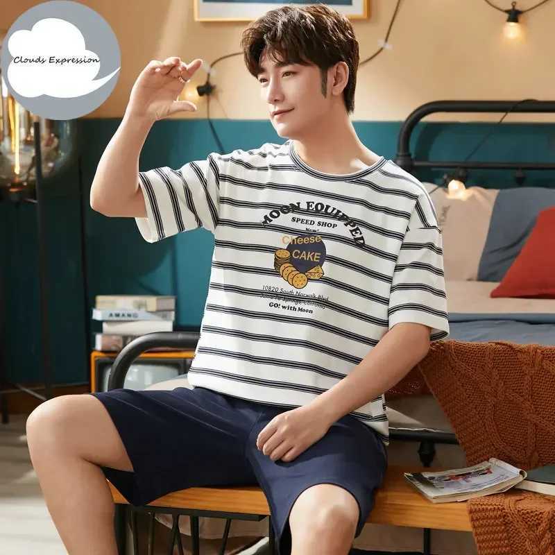 Summer Knitted Cotton Short Sleeved Mens Pajamas Sets Male Pajama Set Letter Pajama For Men Sleepwear Suit Homewear Size xXXXL Y240913