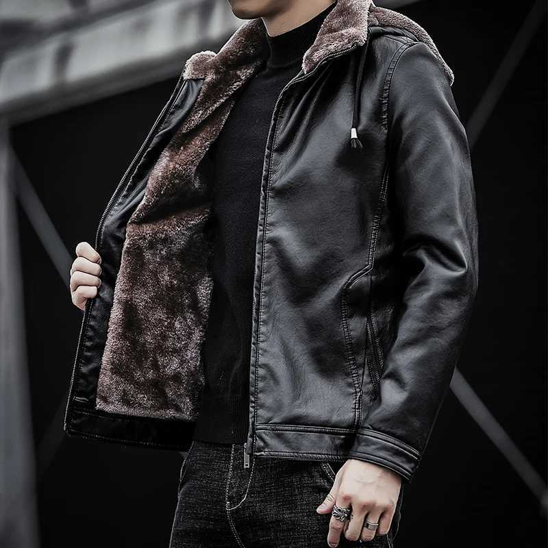 Mens 2024 Winter Warm Faux Leather Jacket Men Solid Long Sleeve PU Leather Coat fur Collar Fit Mens Jacket hooded Coats jacketX240913