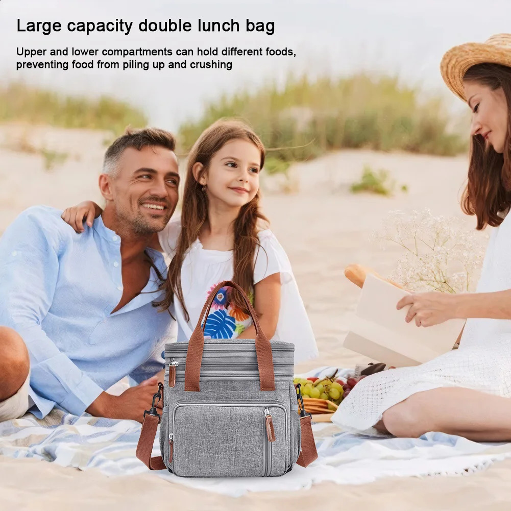 Double layered lunch bag expandable box insulated with shoulder straps suitable for office camping trips 240910