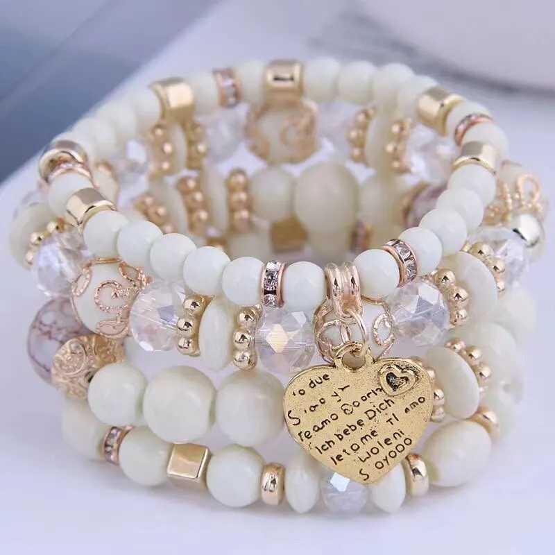 4-piece/set Bohemian chain bracelet womens crystal bead bracelet heart-shaped letter elastic bracelet wristband yoga jewelry gift W240913