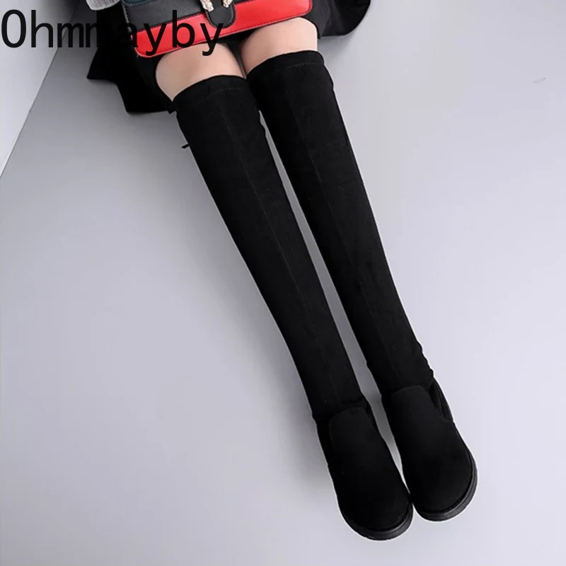 Winter Autumn Women Stretch Over The Knee High Boots Fashion Slip On Long Booties Low Heel Casual Shoes atos Mujer d050