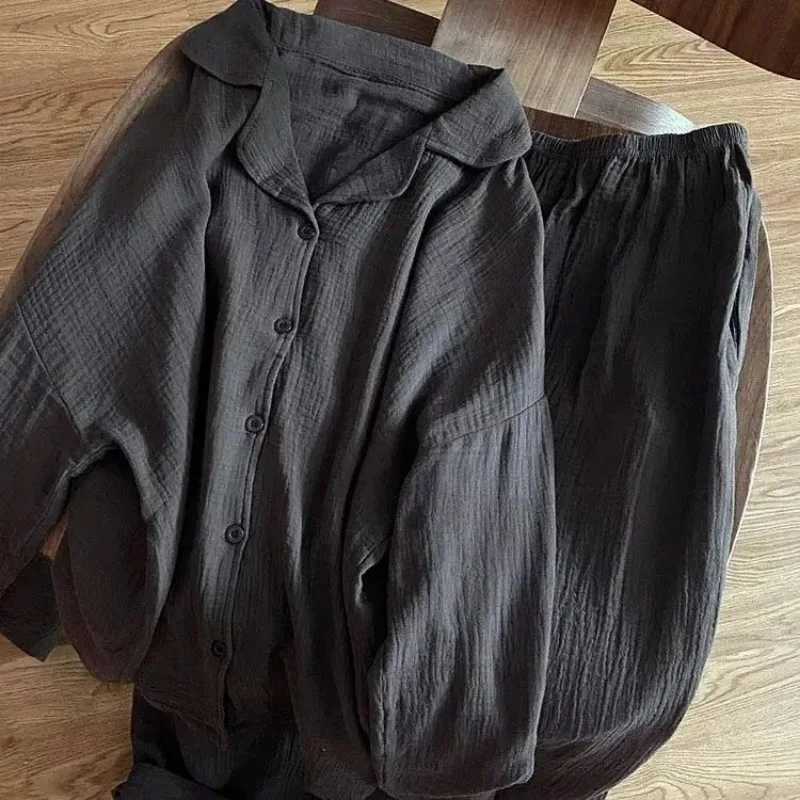 Couple Pajamas Womens Spring Autumn 2024 New Casual Long Sleeved Pants Sleepwear Cotton Gauze Loose Mens Cardigan Homewear Y240913