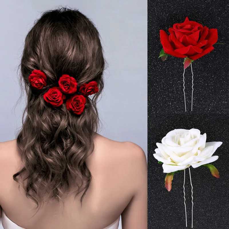 U Shaped Red Hairpins Hair Clips Wedding Hair Accessories For Women Rose Flower Headpieces Forks Bride Headdress Hair JewelryX240913