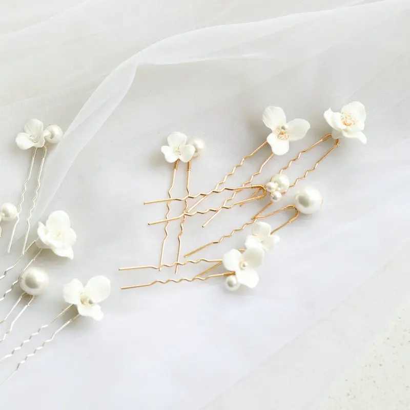 6Pcs/Set Ceramic Flower Bridal Hairpin Tiara Accessories New Arrival Simple Pearl Wedding Headpiece Jewelry For WomenX240913