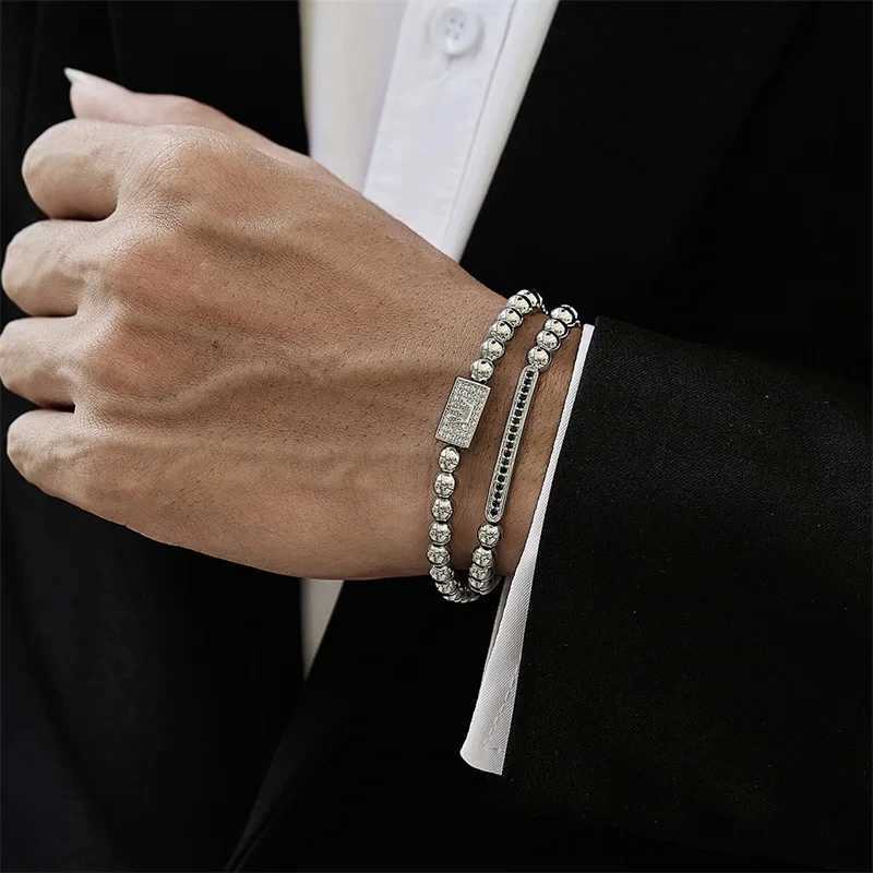 2Pcs/Sets Classic Men Crown Stainless Steel Beads Bracelet Rectangle Linear Inlaid Zircon Punk Charms Bracelet Man Women JewelryX240913