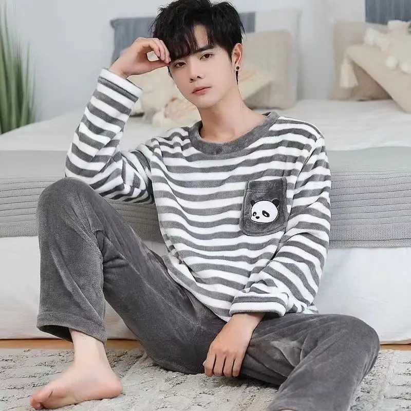 2022 Winter Long Sleeve Thick Warm Flannel Pajama Sets for Men Coral Velvet Cute Cartoon Sleepwear Suit Pyjamas Homewear Clothes Y240913