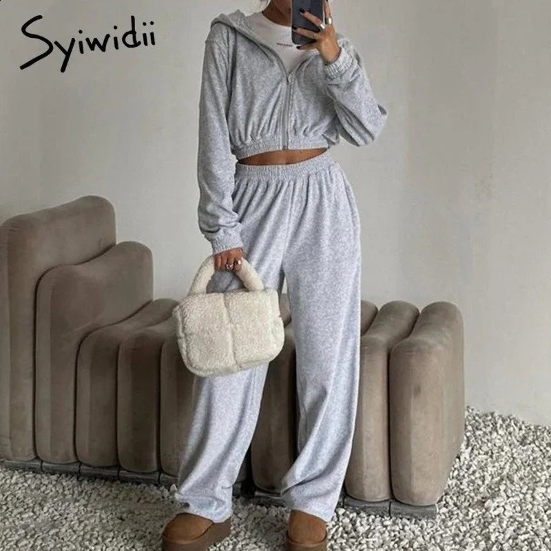 Syiwidii Casual Women Suits Chic Hooded Zipper Cropped Coat Loose Sweatpants Autumn Winter Fashion High Street 2 Pieces Sets 240910