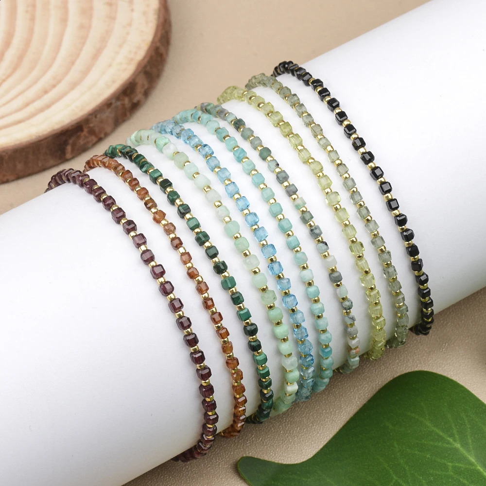 2MM Simple Natural Stone Faceted Cubes and Seed Beads Bracelet with Brass Clasp for Daily Wear Birthday Gift Women Jewelry 240906