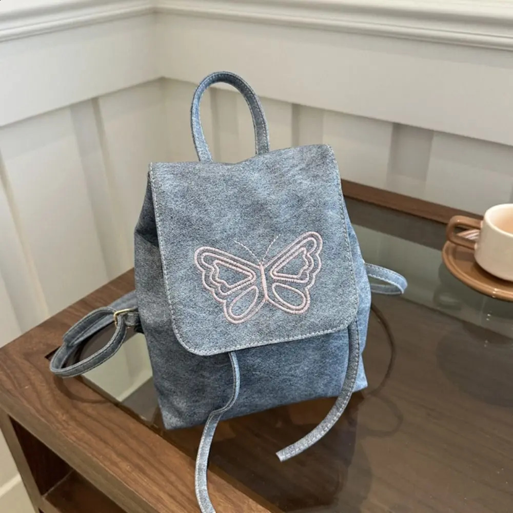 Large capacity Korean square backpack with butterfly pattern Pu leather backpack handbag solid color Y2k school backpack travel 240912