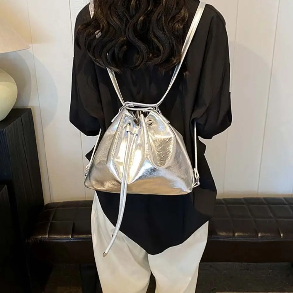 Portable PU backpack with large capacity brown solid color shoulder bag Korean solid color retro backpack 240912