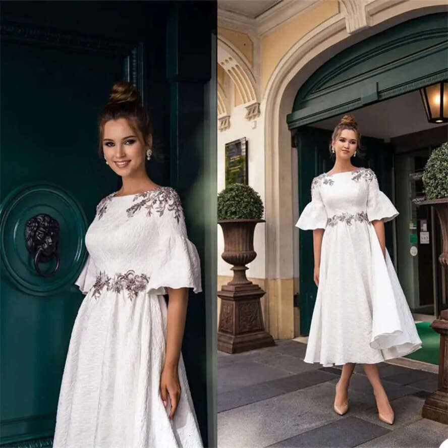 A Fashion Dresses Design Newest E Wedding Short Sleeves 3D Ral Appliqued Beach Bridal Gowns Custom Made Ankle Length Robes De Mariee Ppliqued Nkle ppl