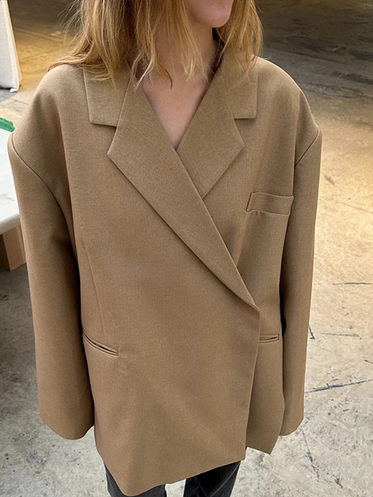 Fashion Lapel Suit Blazer Women Casual Long Sleeve Side Slit Hidden Buckle Gray Jacket Top Lady Loose High Street Outerwear 240904