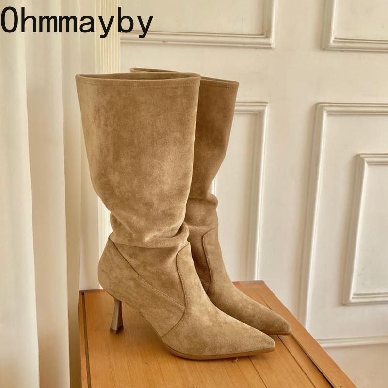 Heel High Women Western Cowgirl Boots Fashion Pointed Toe Shoes Autumn Winter Ladies Knight Mid Calf Booties b506