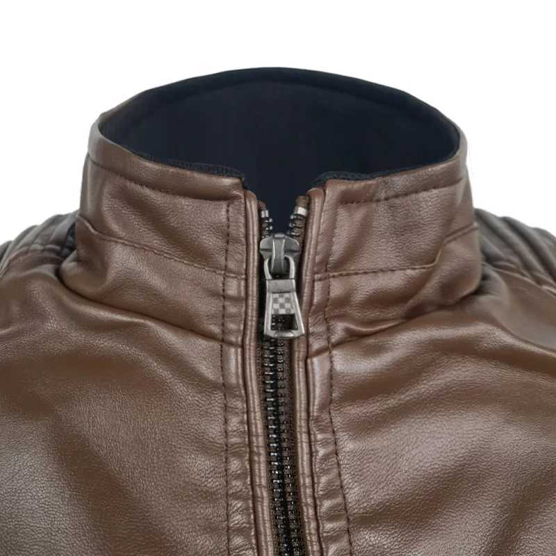 Stand Collar Motorcycle Leather Jacket Coat 2022 Autumn Winter New Mens Casual Fashion Trendy Mens Leather CoatX240913