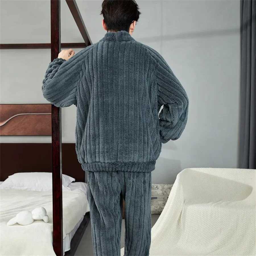 2024 New Winter Warm Coral Fleece Men Pajamas Set Fluffy Tops + Long Pants Sleepwear for Sleeping 2 Piece Homewear Loungewear Y240913