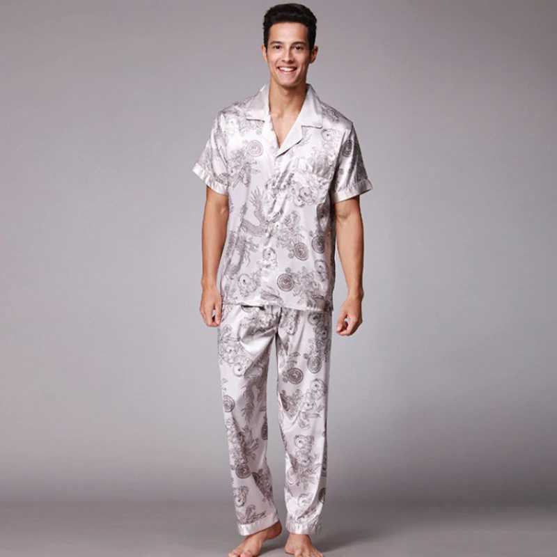 SSH021 Autumn Summer Loungewear Short Sleeves Long Pants Pajama Set Men Printed Satin Silk Pyjamas Male Pajamas Pijama Sleepwear Y240913