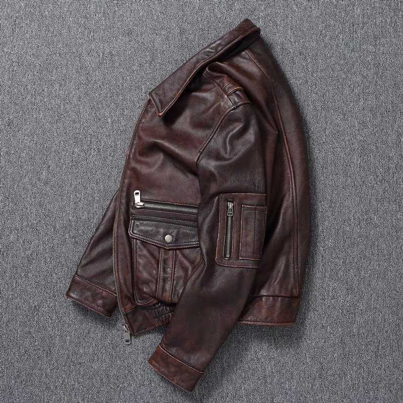 New Mens Genuine Leather Jacket Vintage Stone Milled Top Layer Cowhide Bomber Jacket A2 Brown Mens Calfskin Motorcycle JacketX240913