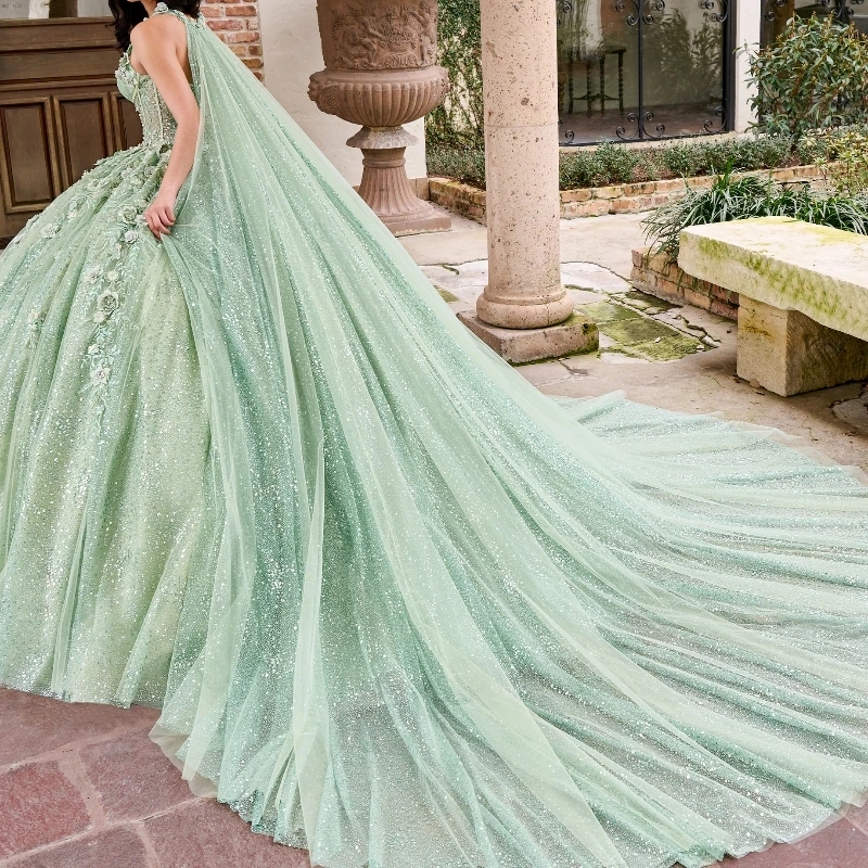 Mint Green Shiny Quinceanera Dresses Ball Gown Lace Applique Beaded Tull With Cape Corset Sweet 16 Dress Vestido De 15 Anos