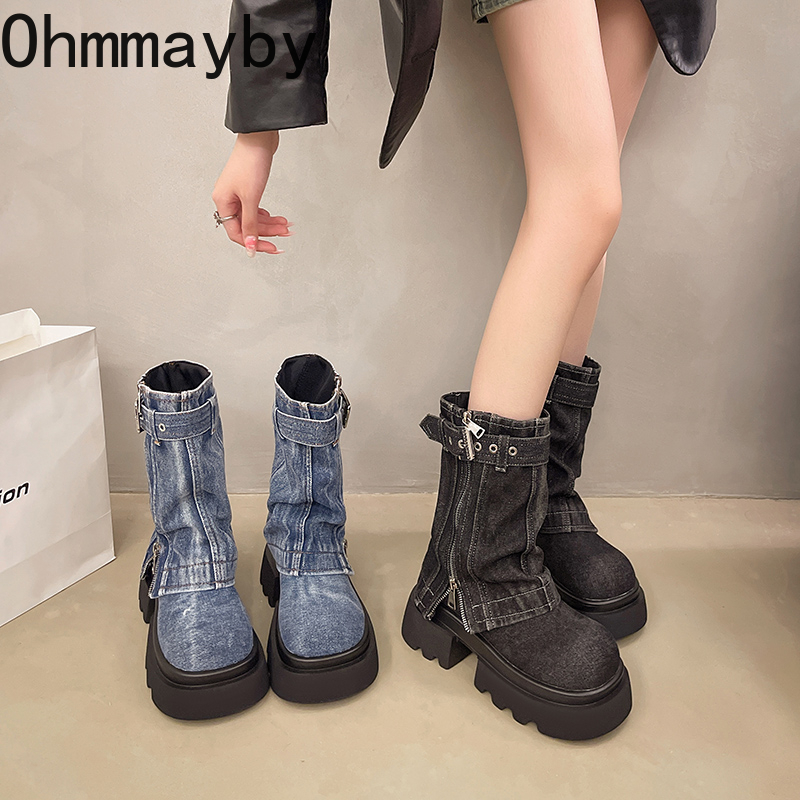 Women Denim Ankle Boots Fashion Elegant Side Zippers Belt Buckle Shoes Thick Heel Women's Morder Short Booties dh1102529176