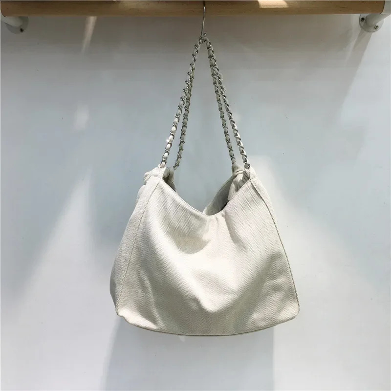 Large Capacity Denim Canva Tote Bag Womens Shoulder Bag Chain Ins Style Korean Fashion Shoulder Handbag 240907