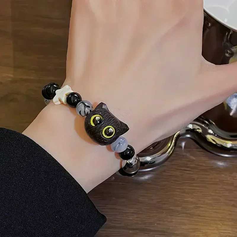 Cute natural stone black cat bracelet for mens fashion cartoon animal bead bracelet handmade fashion girl jewelry gift W240913