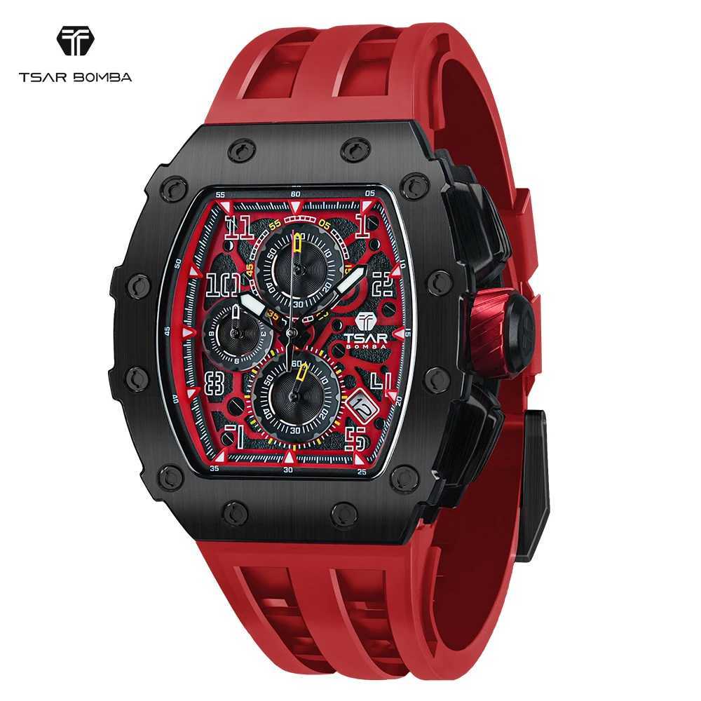 Wristwatches Tsar Bomba Tonneau Mens Watch Sapphire Crystal Red Watch Waterproof Timing Watch Luxury Mens Christmas Gift J240902