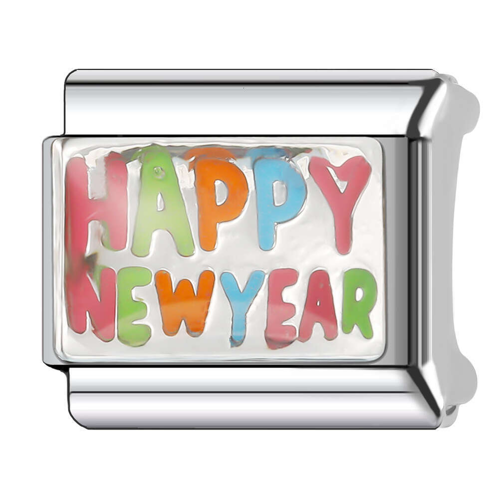 New Women's Gift Joyful and festive happy new year Bead Italian Charms Links Bangle Beads Fit 9mm Stainless Steel Bracelet Making DIY For Women F