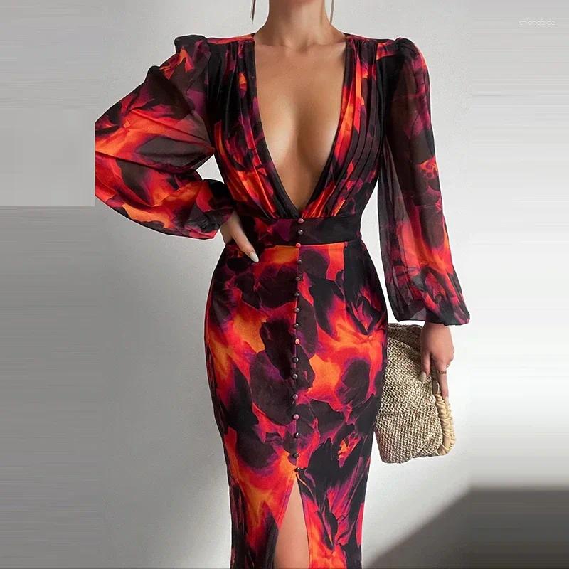 Casual Dresses Sexy Women Deep V-Neck Slit Party Dress Spring Summer Lantern Sleeve Slim Fit Bodycon Elegant Printed Evening