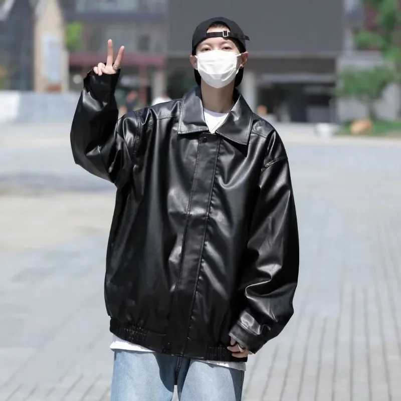 Hong Kong Style Leather Jacket Men Loose Fitting Mens Clothing Trendy Brand PU with Lapel Collar Coats Spring Autumn SeasonsX240913