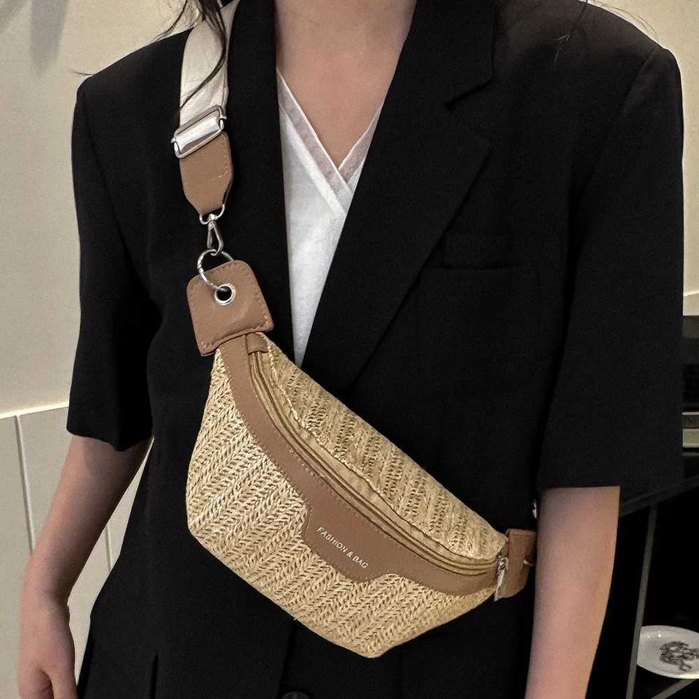 Womens Waist Pack Leather Straw Woven Chest Bag Travel Casual Shoulder Crossbody Bags For Women Summer Fanny Pack Purse Z240912