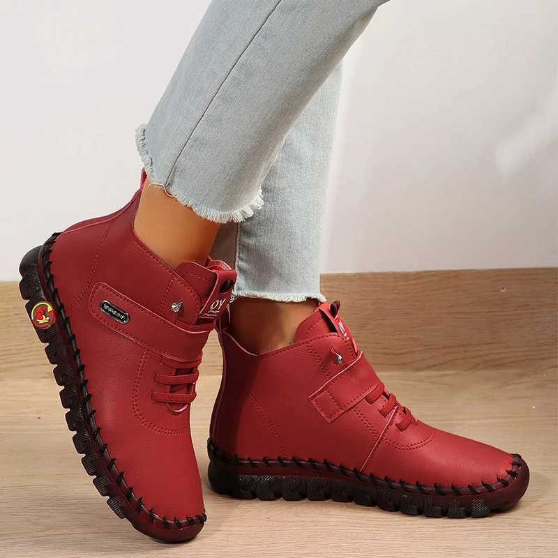 Pu Leather Red Boots Woman Soft Bottom Orthopedic Autumn Winter Shoes Women Plus Size Fleece Ankle Boots for Women M240912