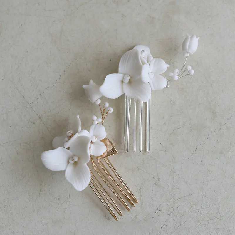Delicate Ceramic Rose Flower Bridal Hair Comb Gold Silver Color Leaf Women Headpiece Wedding AccessoriesX240913