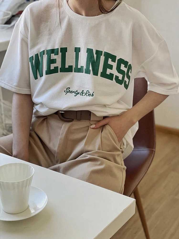 Wellness Sporty Rich Creativity Letter Female Cotton Tee Clothing Oversize Retro Street TShirts Breathable Women Short Sleeves 240912